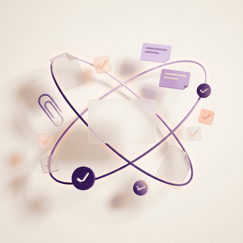 A central record connected to notes, attachments, and completed tasks