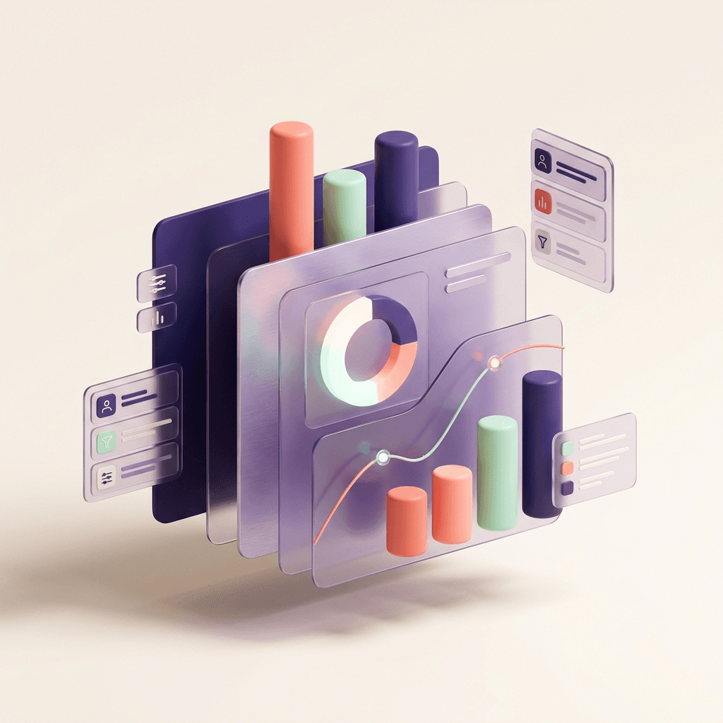 Layered analytics cards with charts, filters, and data visualizations