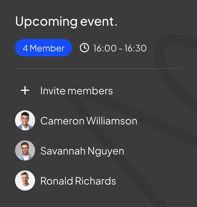 A PlexiaDesk workspace showing an upcoming meeting and the members assigned to it